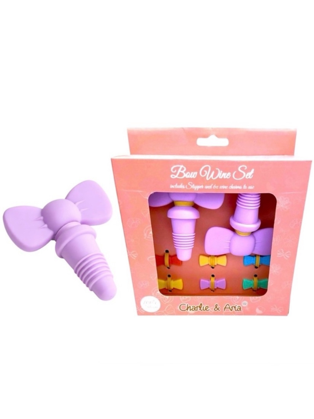 Wine Stopper Gift Set 2 Bottle Stoppers & 6 Bow Wine Glass Charms Hostess Gift